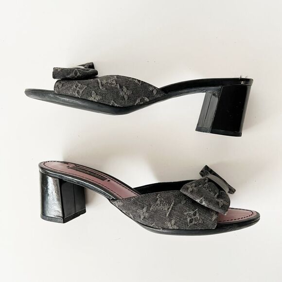 Vintage Y2K Louis Vuitton Monogram Logo Print Block Heel Mules Bow Slides Size 6 - Picture 3 of 11